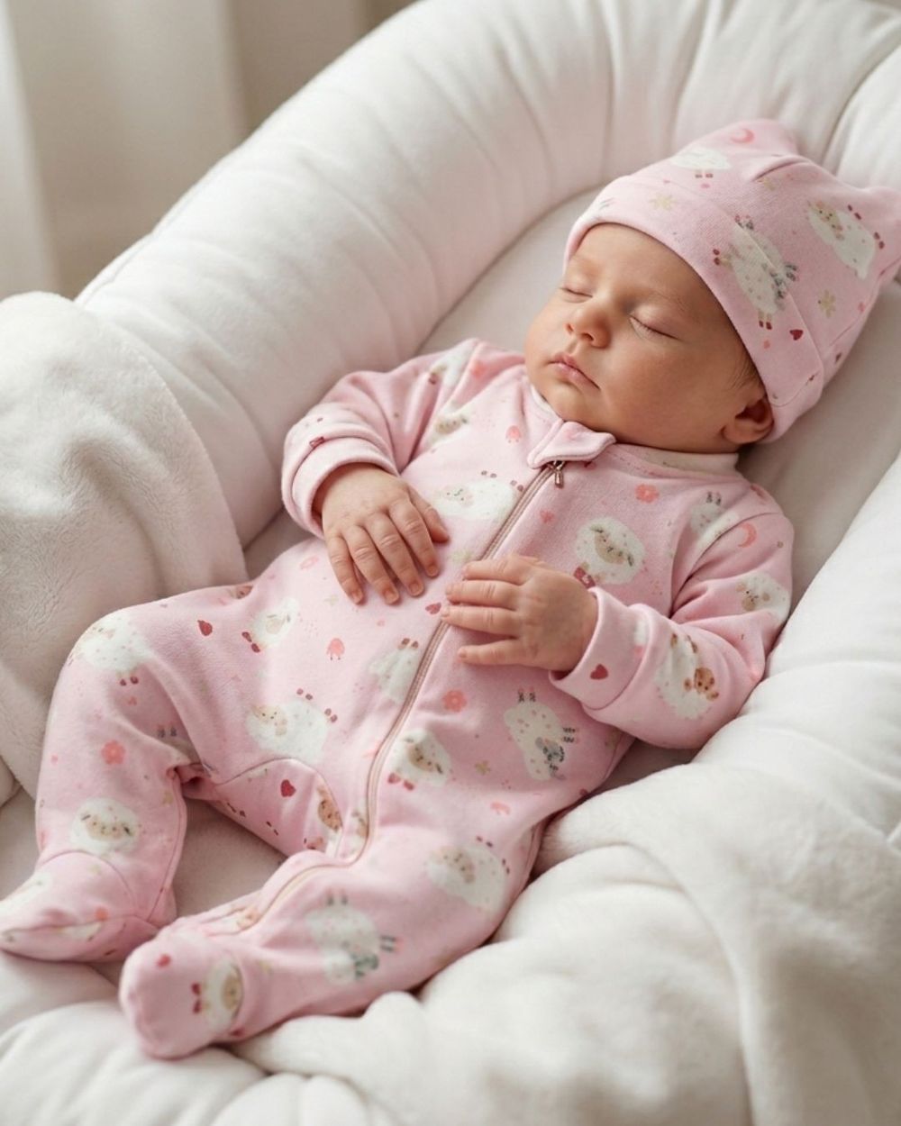 MACACÃO PIJAMINHA CARNEIRINHOS  BEBÊ MENINA COM GORRO COMBINANDO