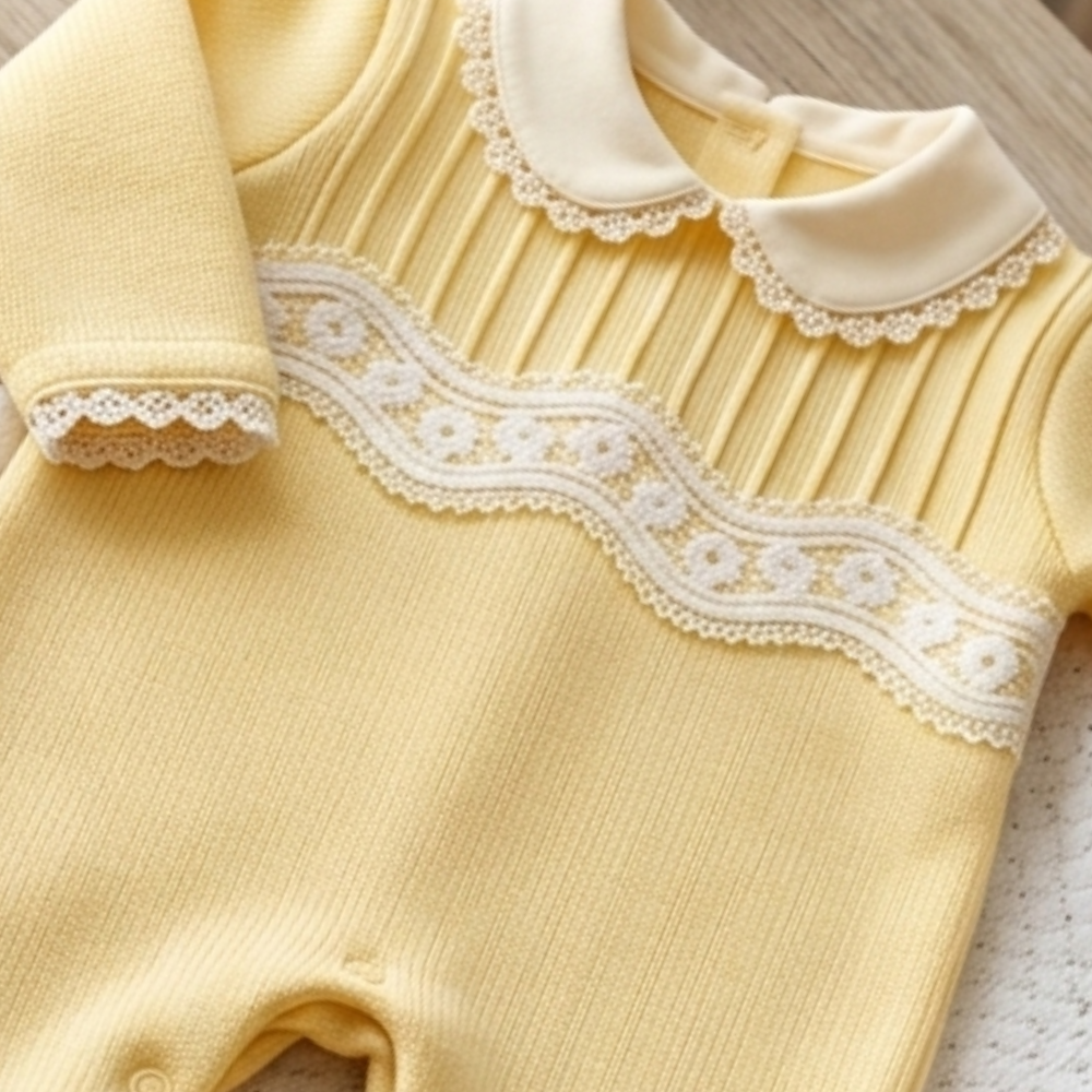 MACACÃO BEBÊ MENINA EM TRICOTIL AMARELO