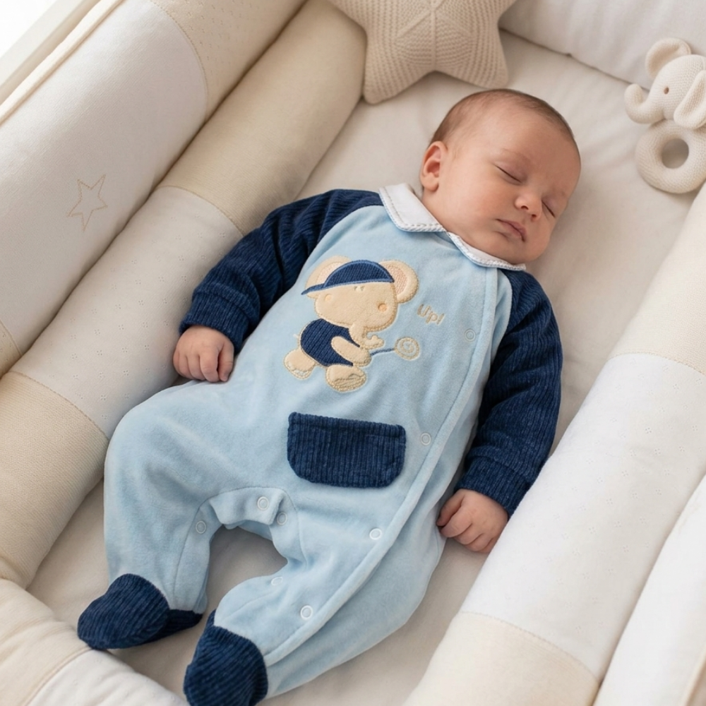 MACACÃO BEBÊ MENINO ESTAMPA BORDADA DE ELEFANTINHO EM PLUSH