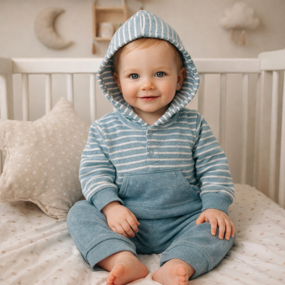  CONJUNTO INFANTIL MENINO BLUSA LISTRADA COM CAPUZ E CALÇA
