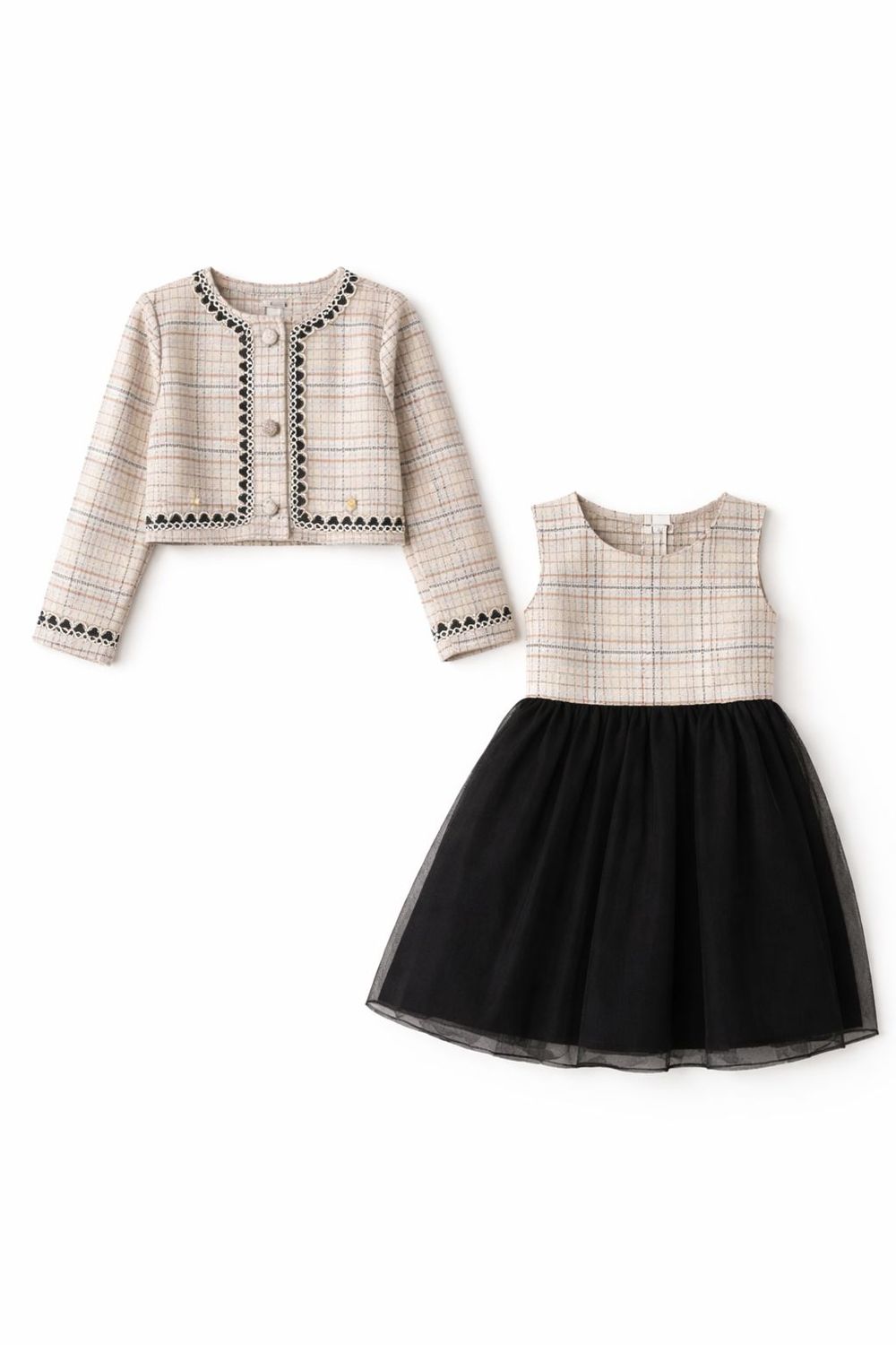 CONJUNTO INFANTIL VESTIDO COM TULE E CASAQUINHO EM JACQUARD