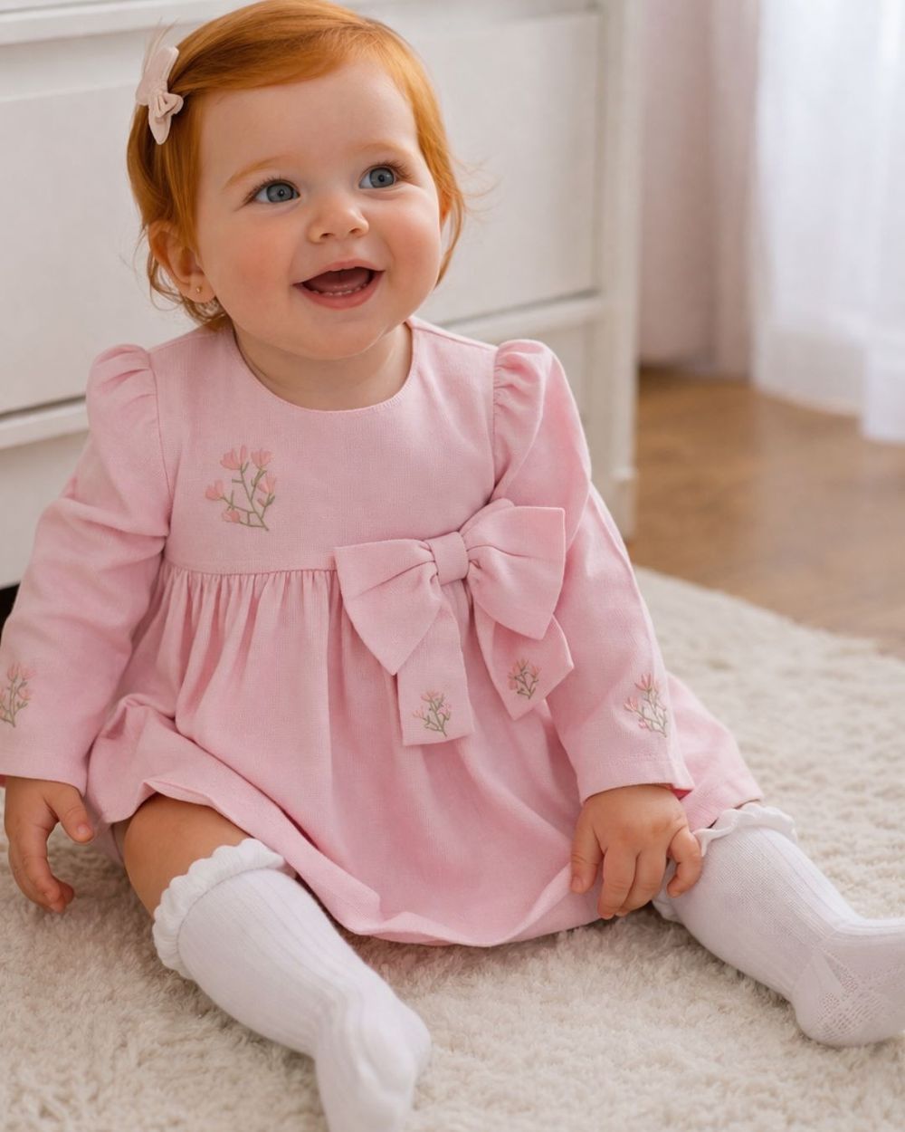 VESTIDO BEBÊ COM TAPA FRALDAS  ROSA COM BORDADO FLORAL E LAÇO