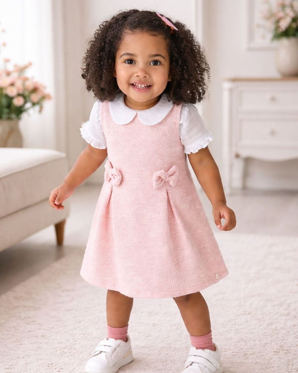 CONJUNTO INFANTIL MENINA SALOPETE ROSA E BLUSINHA DE GOLINHA BRANCA