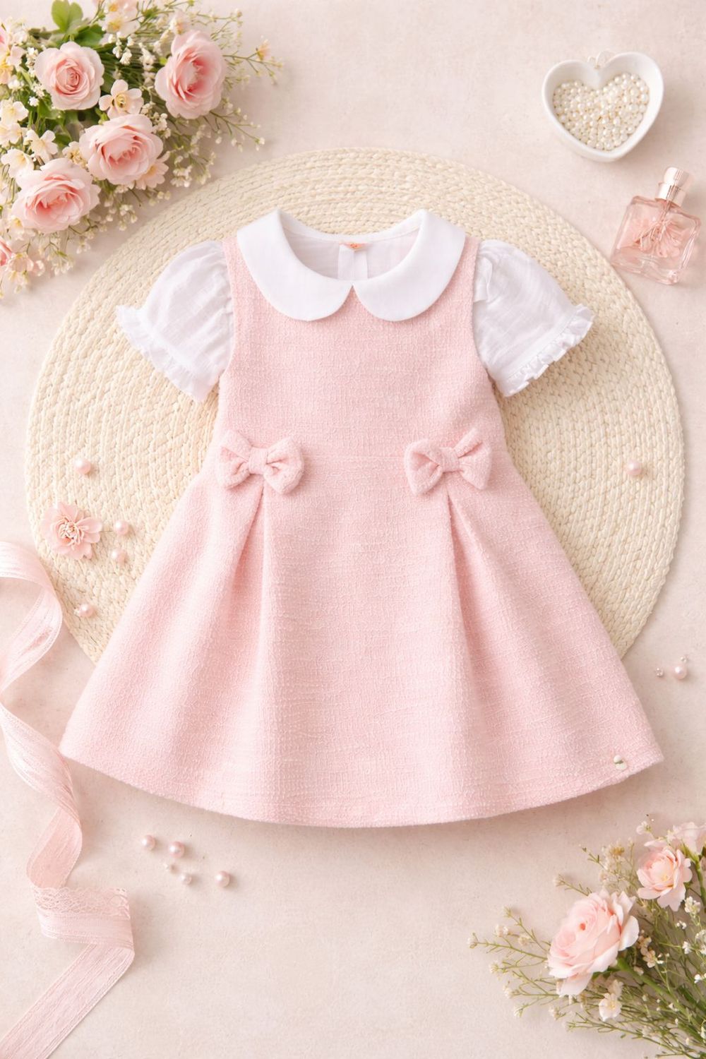 CONJUNTO INFANTIL MENINA SALOPETE ROSA E BLUSINHA DE GOLINHA BRANCA