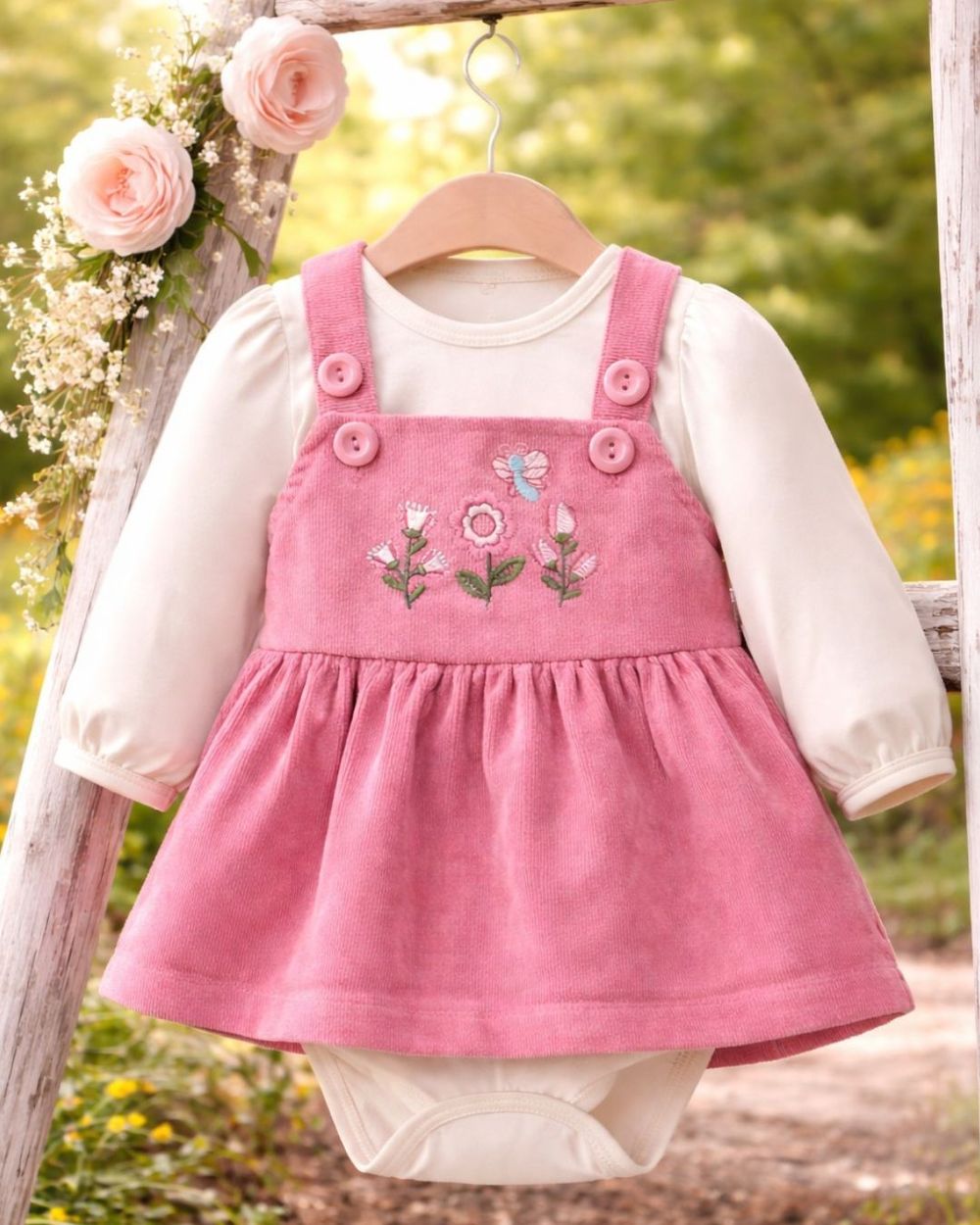 CONJUNTO BEBÊ MENINA BODY EM SUEDE E SALOPETE  ROSA