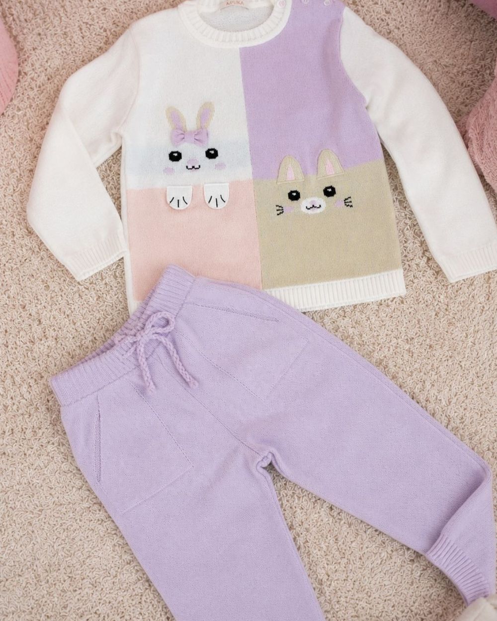 CONJUNTO INFANTIL MENINA BLUSA E CALÇA EM TRICÔ BICHINHOS