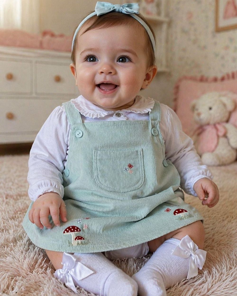 CONJUNTO BEBÊ MENINA JARDINEIRA COM BORDADOS DE COGUMELOS E BODY CAMISA