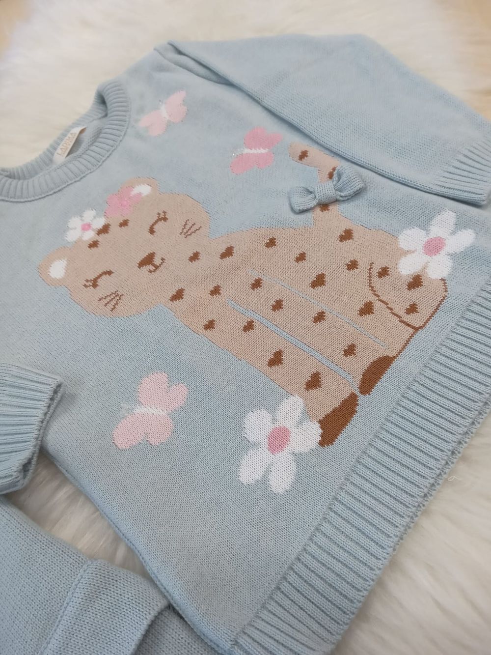 CONJUNTO INFANTIL MENINA ONCINHA FLORAL AZUL EM TRICÔ