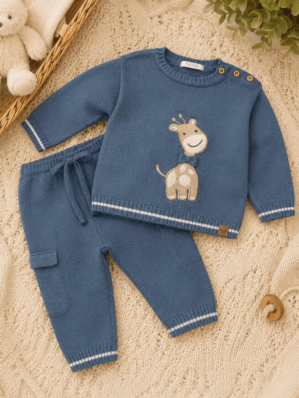 CONJUNTO INFANTIL TRICÔ BLUSA GIRAFINHA E CALÇA AZUL