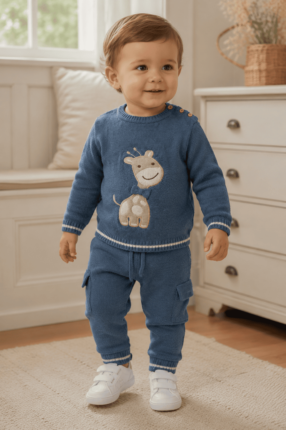 CONJUNTO INFANTIL TRICÔ BLUSA GIRAFINHA E CALÇA AZUL