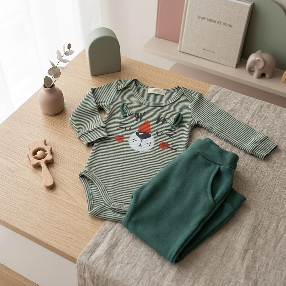 CONJUNTO BEBÊ BODY E CALÇA TIGER VERDE LISTRADO