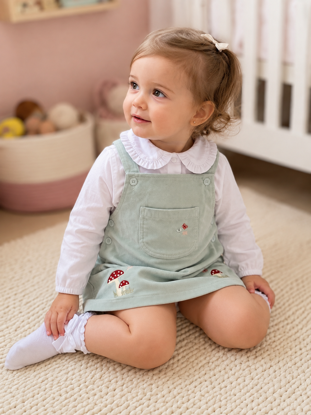 CONJUNTO INFANTIL MENINA JARDINEIRA COM BORDADOS DE COGUMELOS E BODY CAMISA