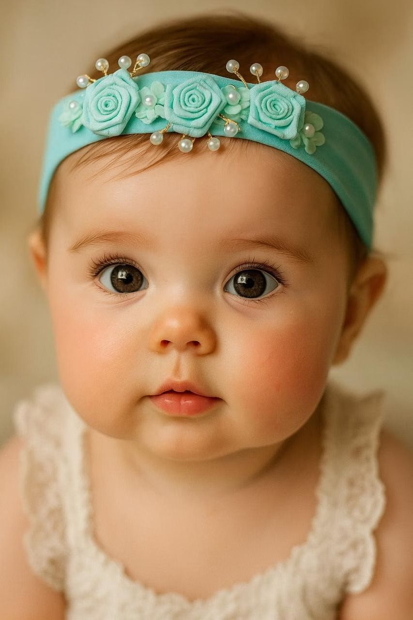 FAIXA DE CABELO BEBÊ COM FLORES EM CETIM E PÉROLAS