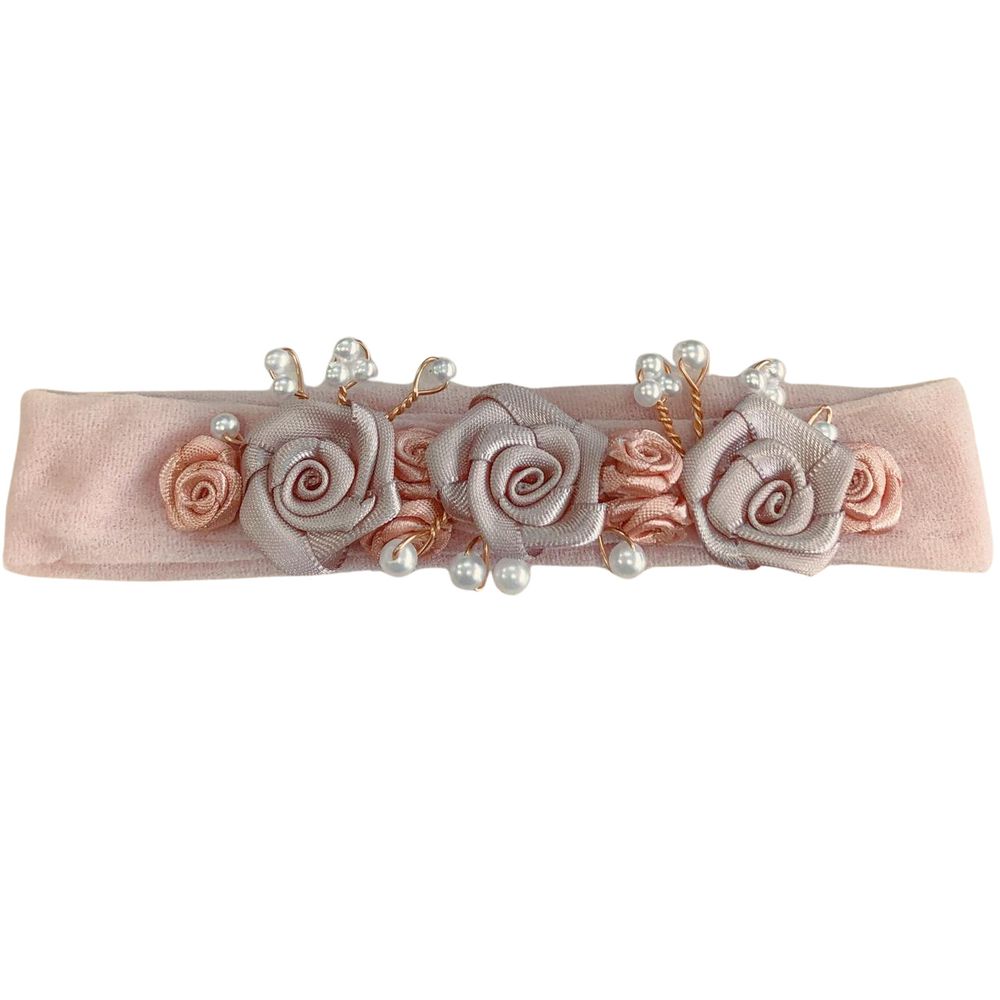 FAIXA DE CABELO BEBÊ COM FLORES EM CETIM E PÉROLAS