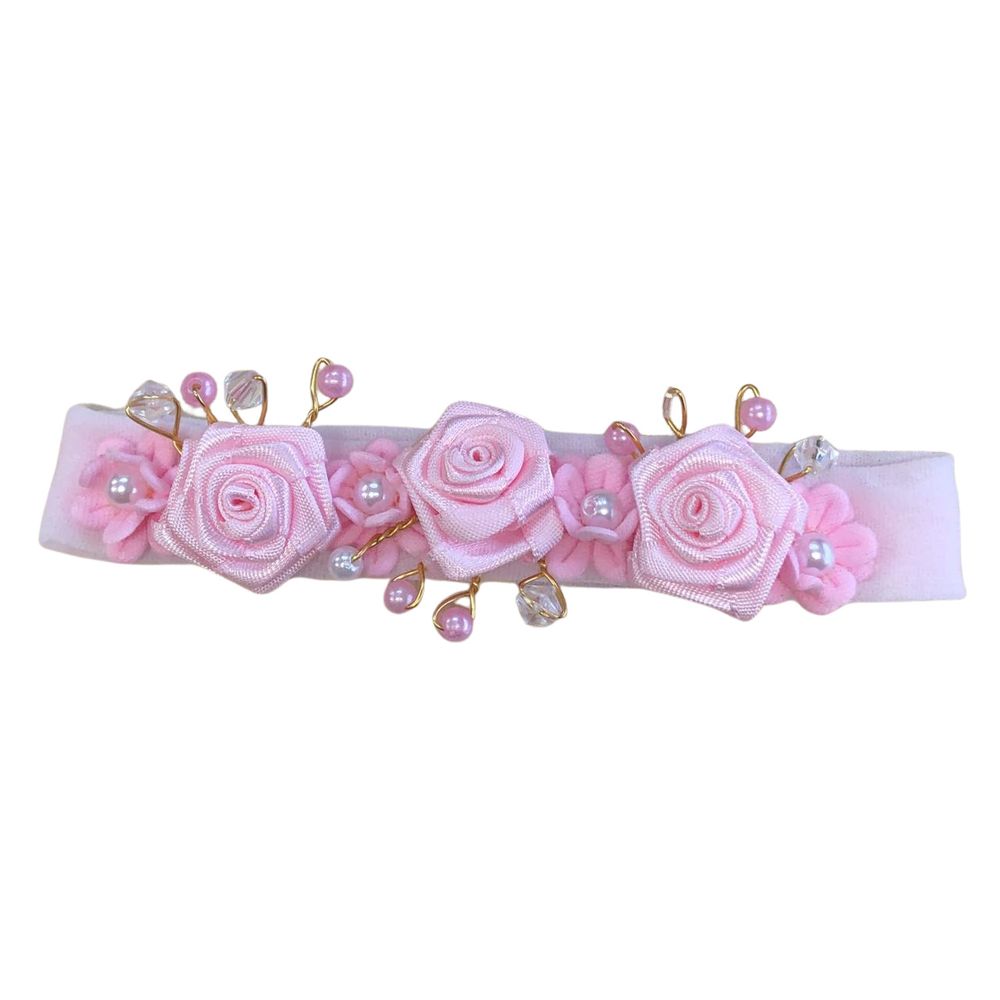 FAIXA DE CABELO BEBÊ COM FLORES EM CETIM E PÉROLAS