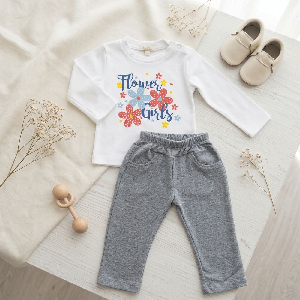 CONJUNTO INFANTIL MENINA COM BLUSA ESTAMPADA FLORES E CALÇA
