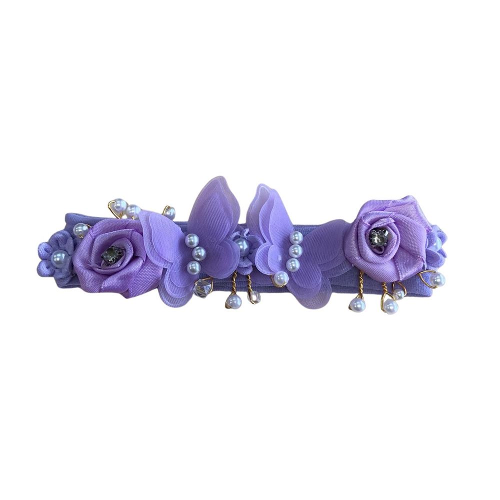 FAIXA DE CABELO BORBOLETA FLORES DE CETIM E PÉROLAS
