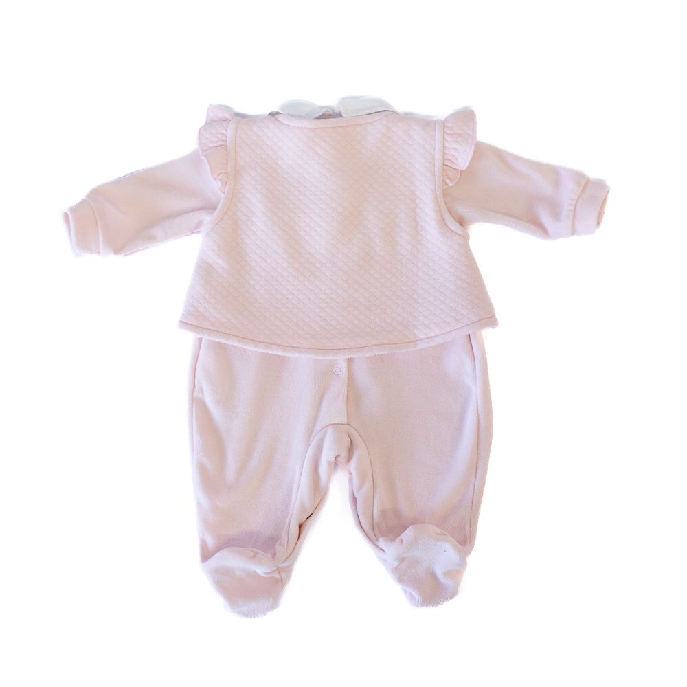 CONJUNTO MACACÃO BEBÊ GOLA BORDADA E COLETINHO ROSA
