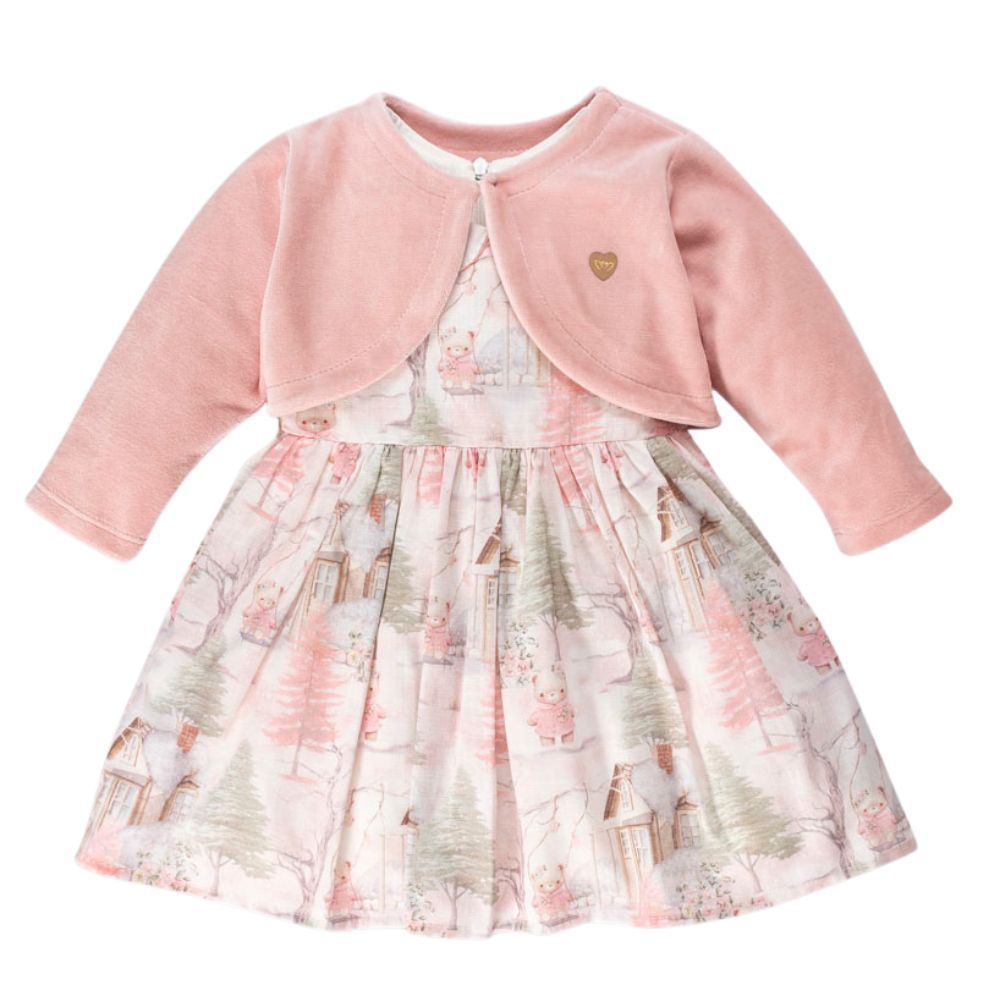 VESTIDO INFANTIL COM BOLERINHO EM PULSH ESTAMPA URSINHA