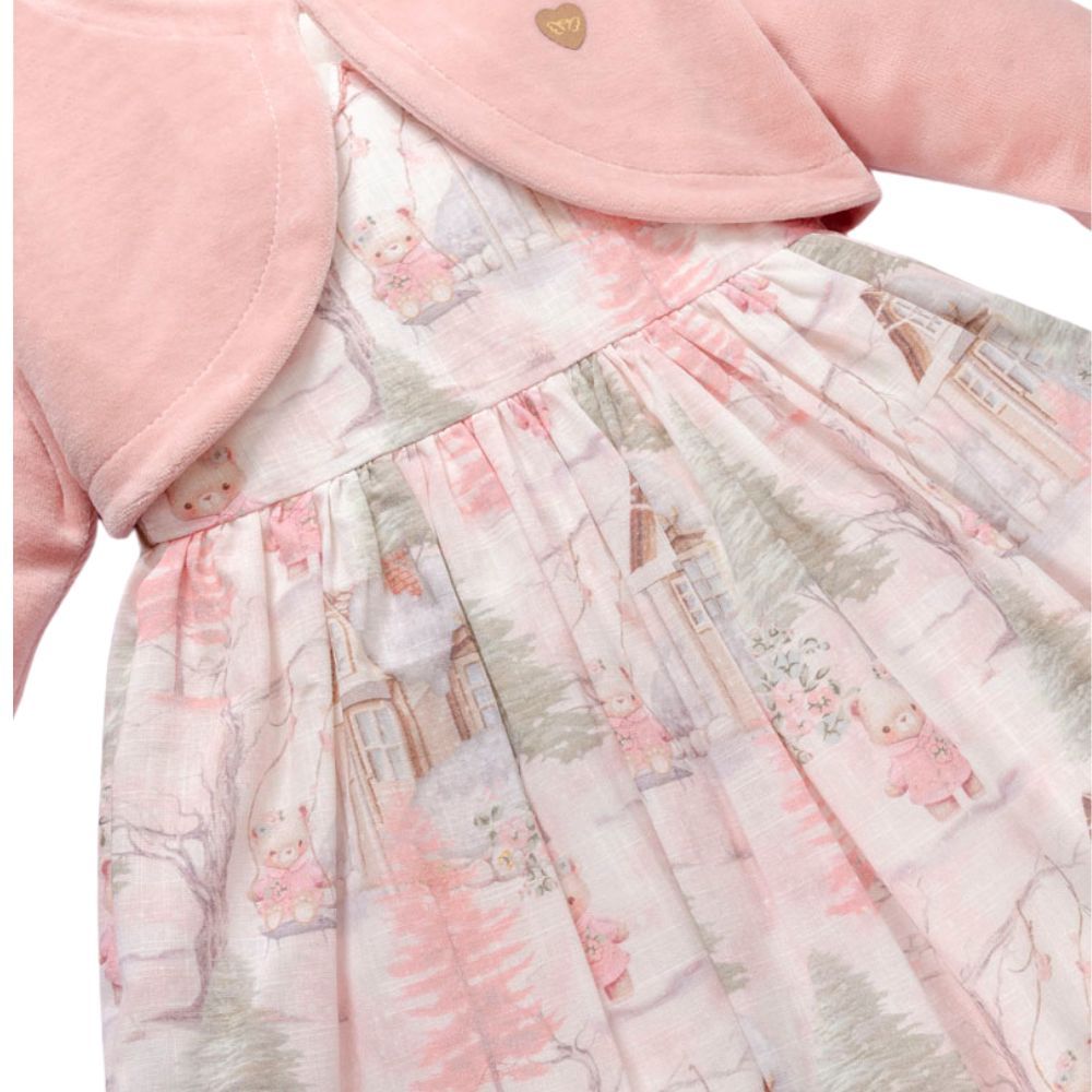 VESTIDO INFANTIL COM BOLERINHO EM PULSH ESTAMPA URSINHA