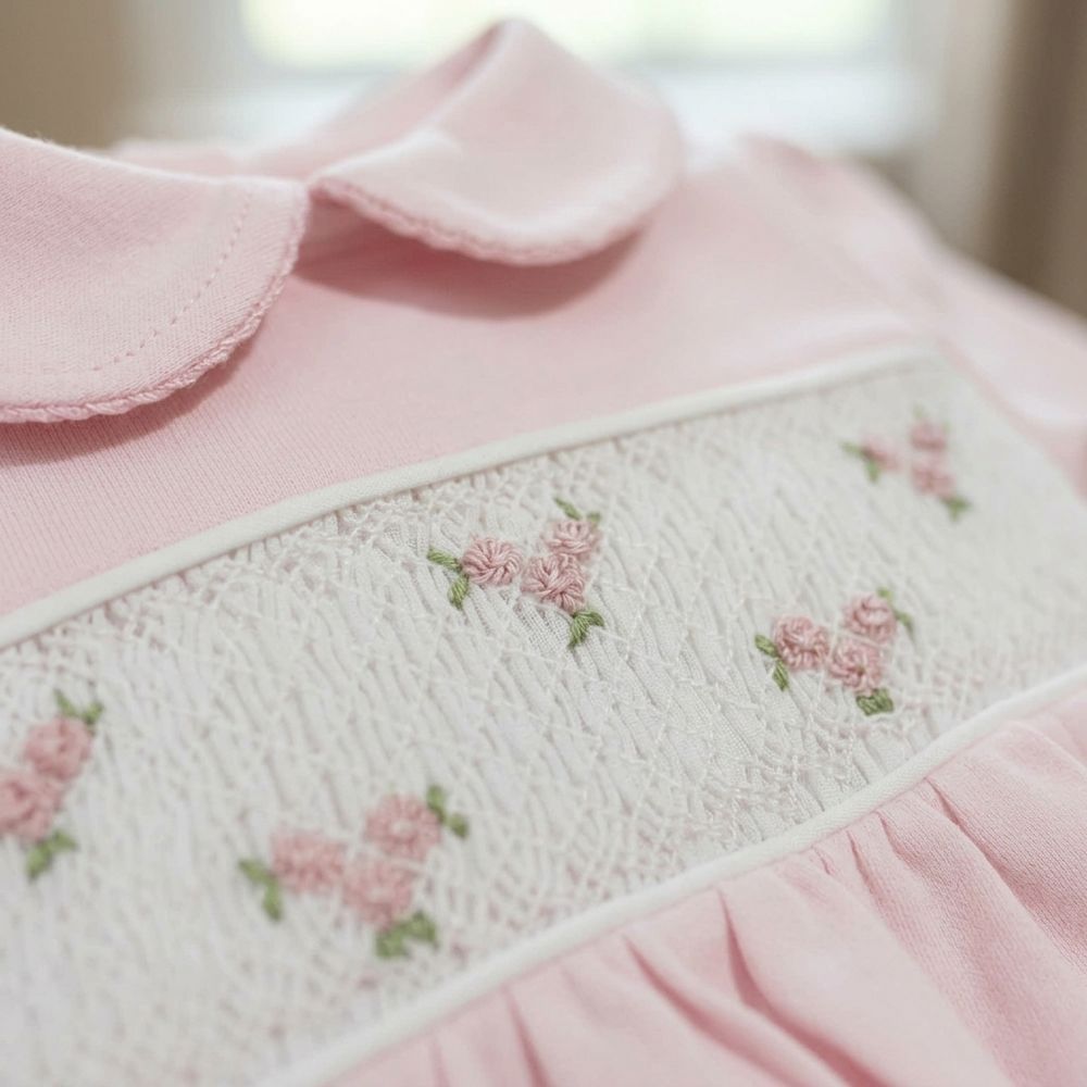MACACÃO BEBÊ MENINA EM MALHA PERUANA COM BORDADO FLORES