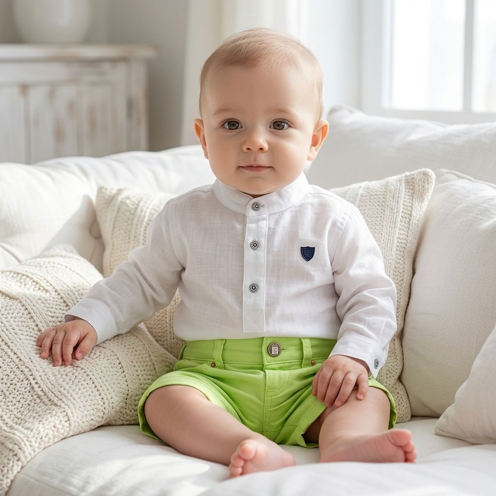CONJUNTO BEBÊ MENINO BATA BRANCA E BERMUDA  EM SARJA 