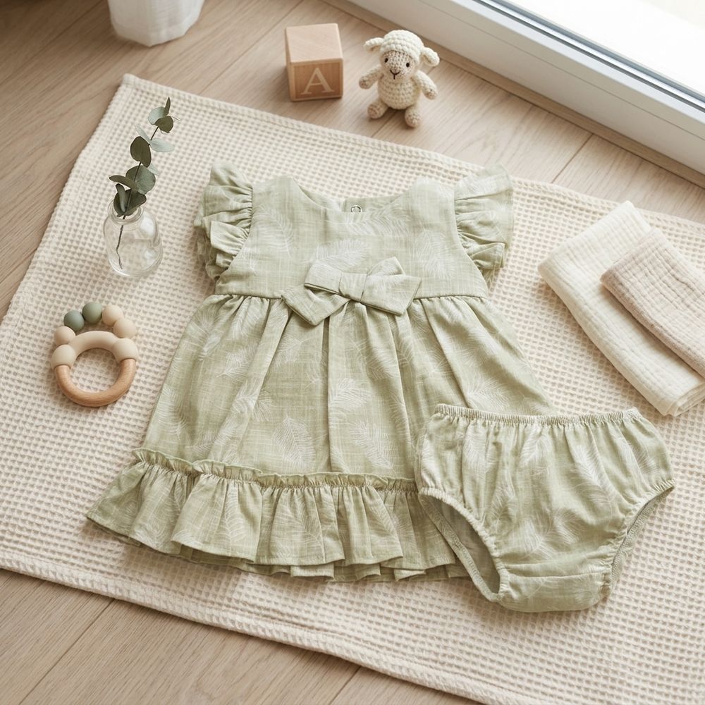 VESTIDO BEBÊ FOLHAGEM VERDE COM CALCINHA