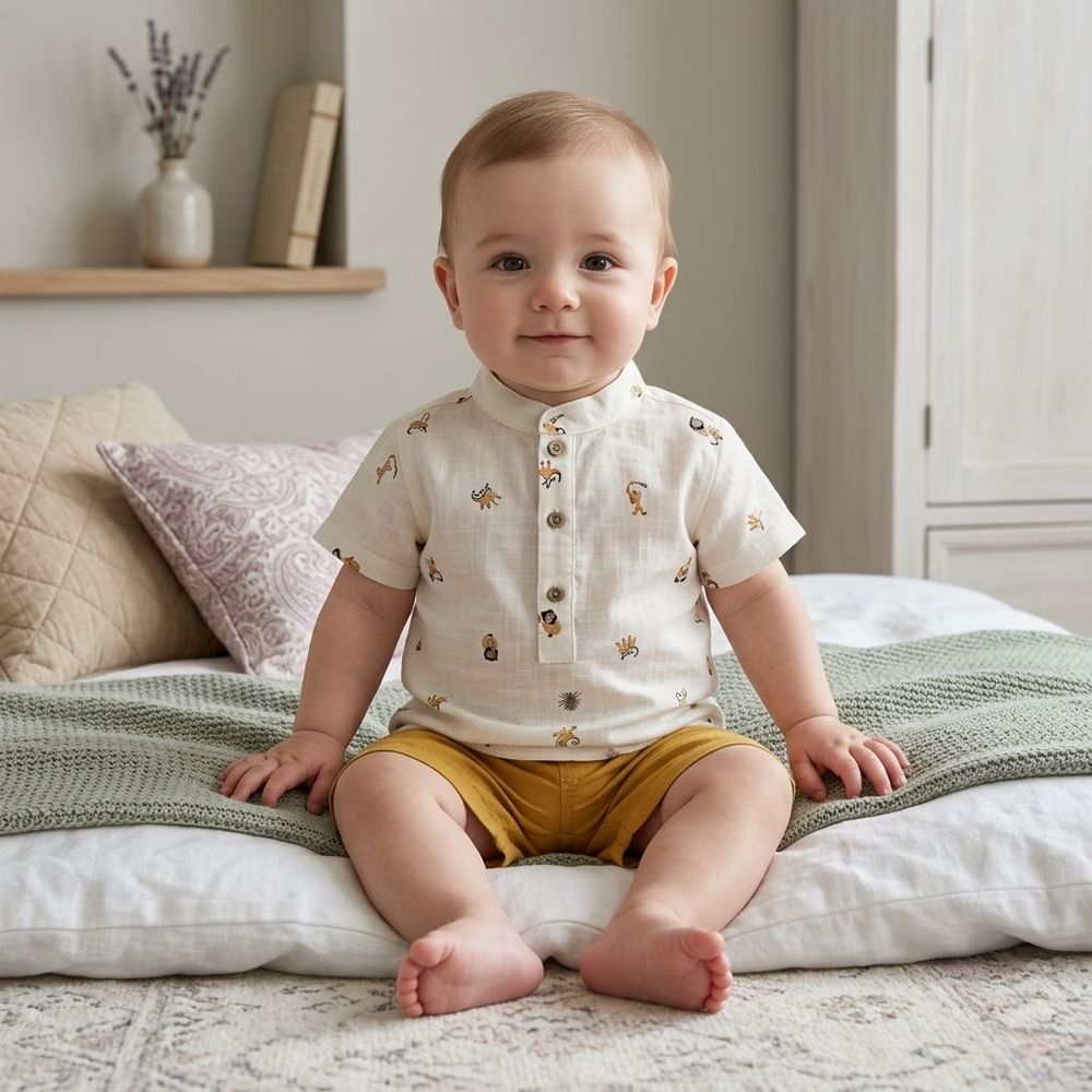 CONJUNTO CURTO BEBÊ MENINO BATA E BERMUDA  SAFARI CHIC