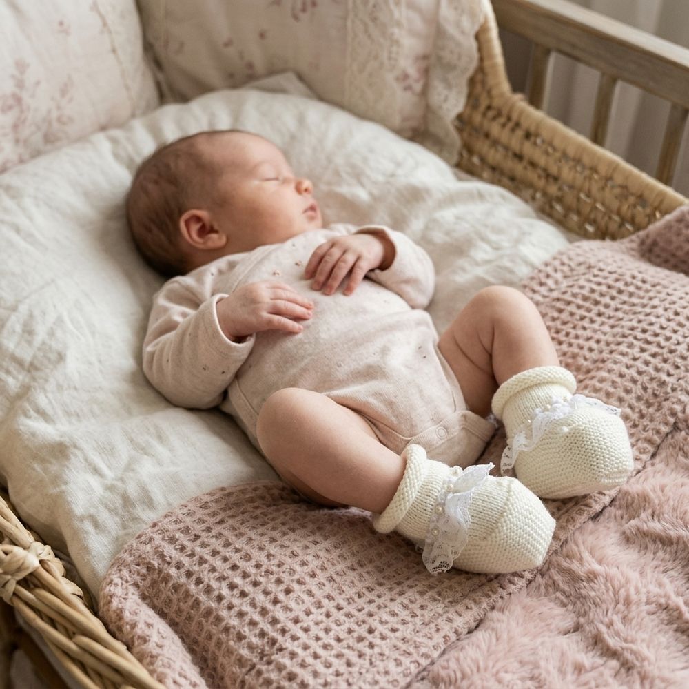 SAPATINHO BEBÊ OFF-WHITE COM RENDA E PÉROLAS