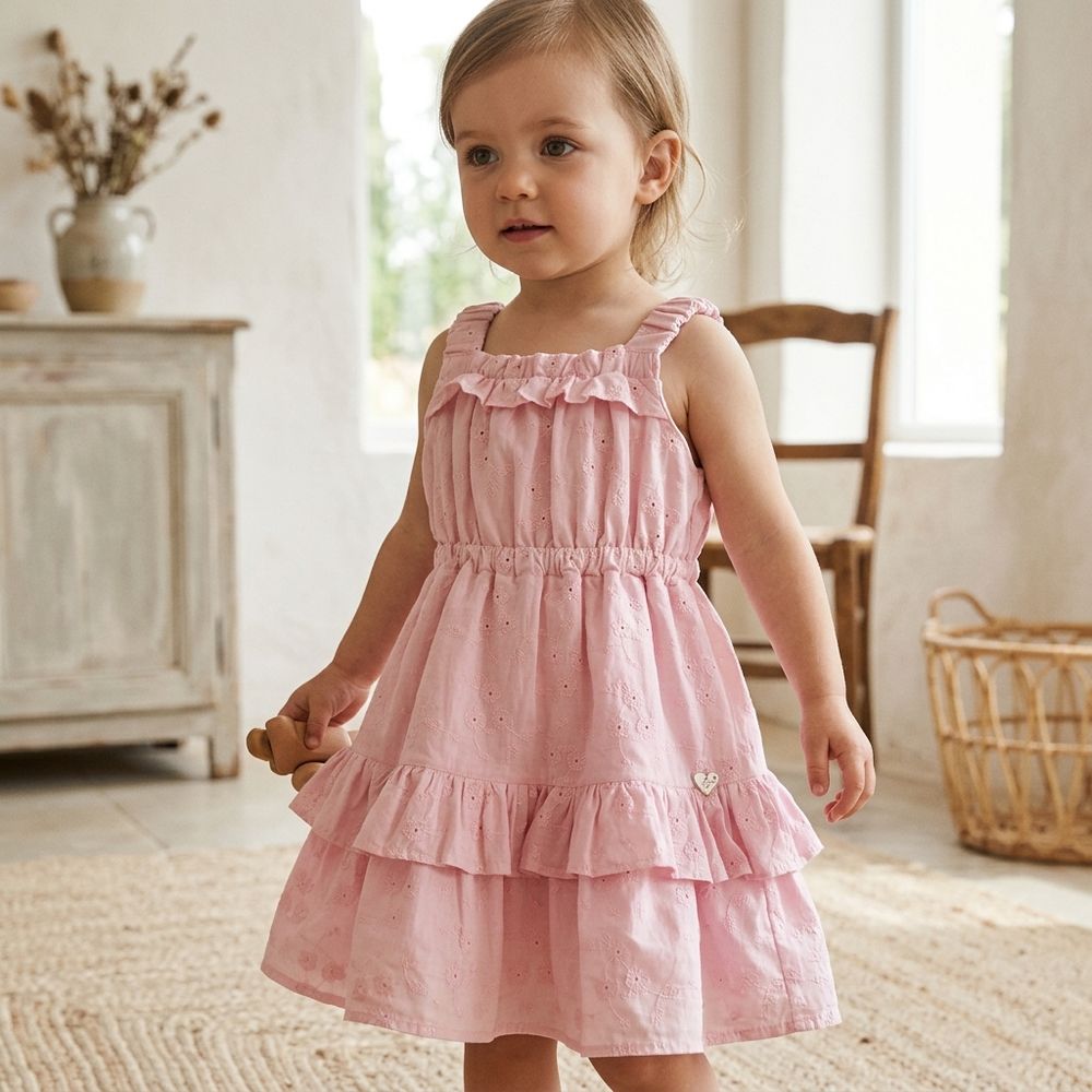 VESTIDO INFANTIL COM BORDADOS DE FLORES ROSA