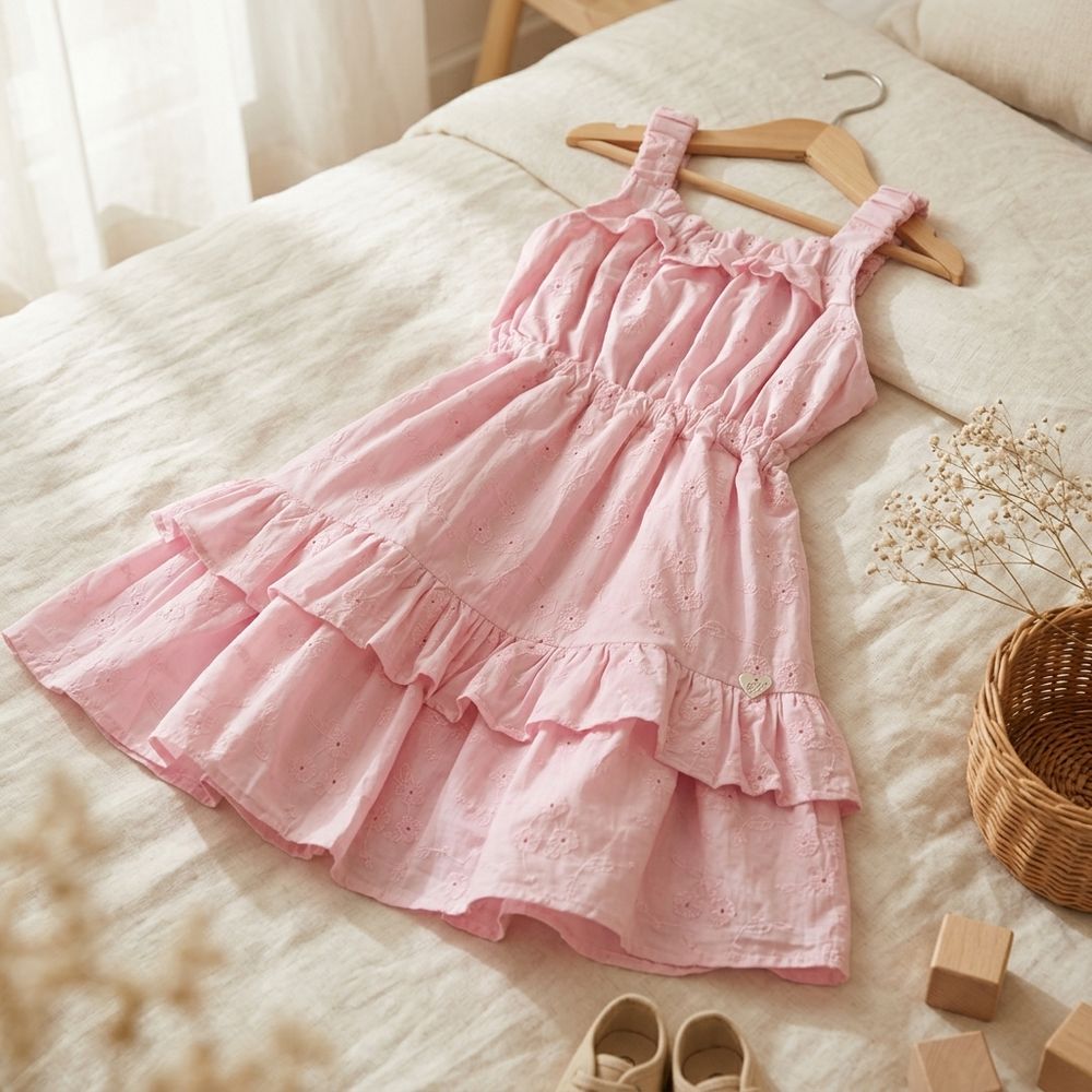 VESTIDO INFANTIL COM BORDADOS DE FLORES ROSA