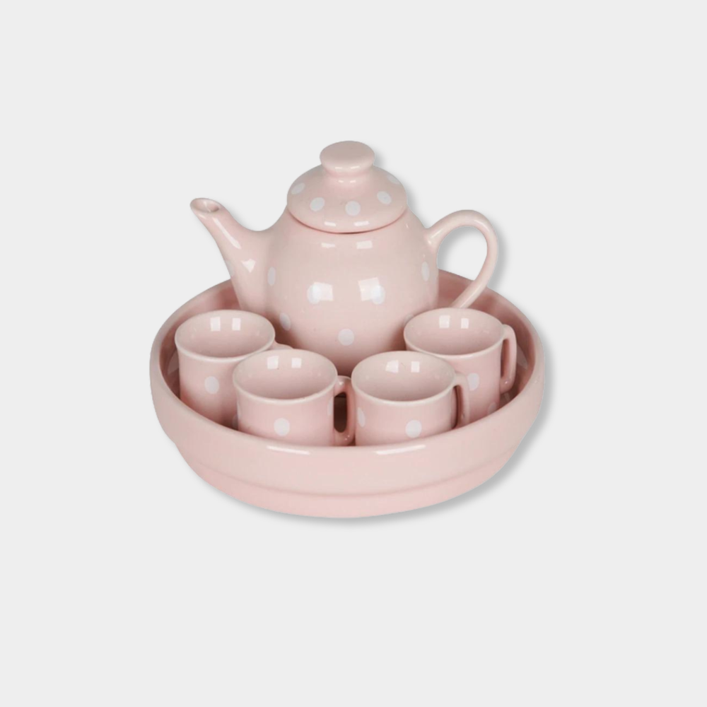 Jogo de Chá Porcelana - Rosa c/ Poá Branco