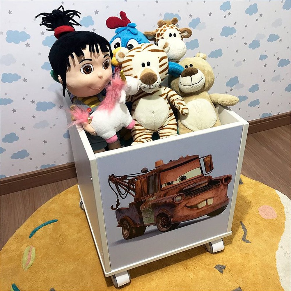 Baú infantil organizador de brinquedos com rodízio e tema mater