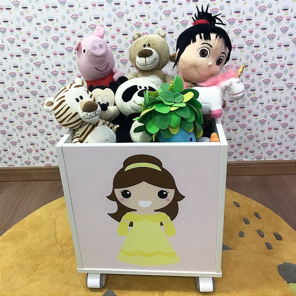 Baú infantil organizador de brinquedos com rodizio e tema princesa bela