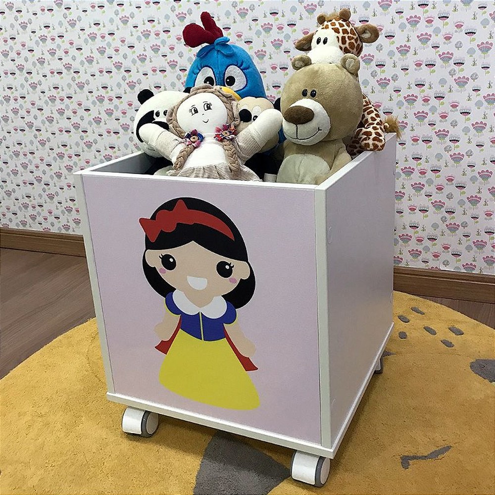 Baú infantil organizador de brinquedos com rodizio e tema princesa branca de neve