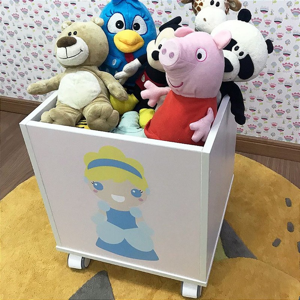 Baú infantil organizador de brinquedos com rodizio e tema princesa cinderela