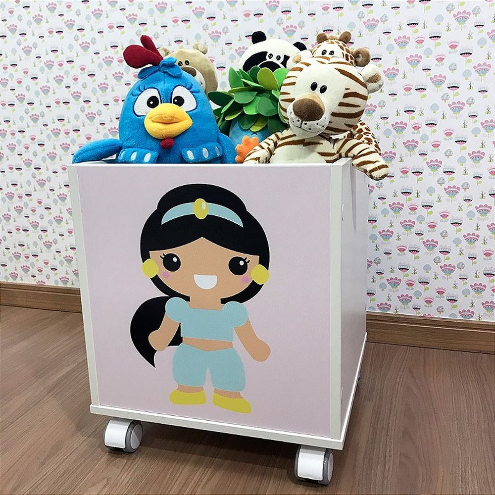 Baú infantil organizador de brinquedos com rodizio e tema princesa jasmine