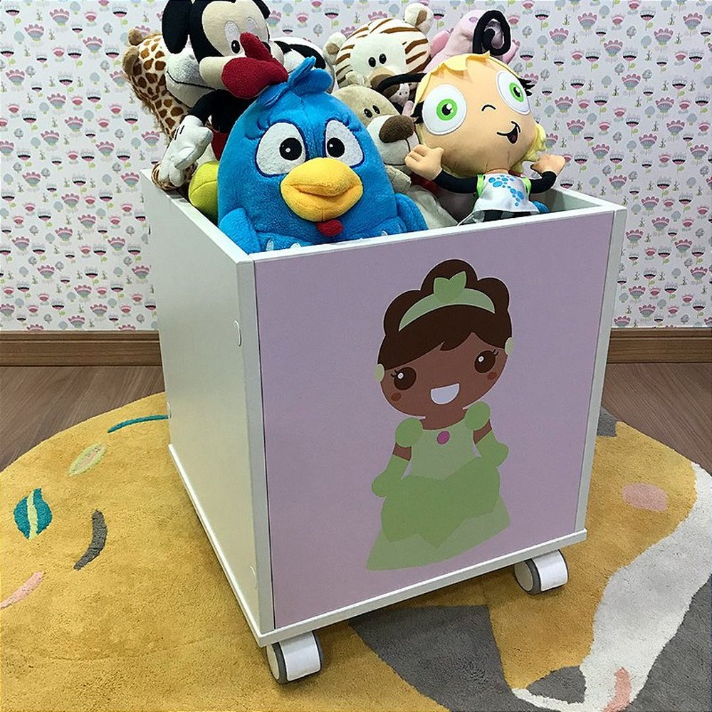 Baú infantil organizador de brinquedos com rodizio e tema princesa tiana
