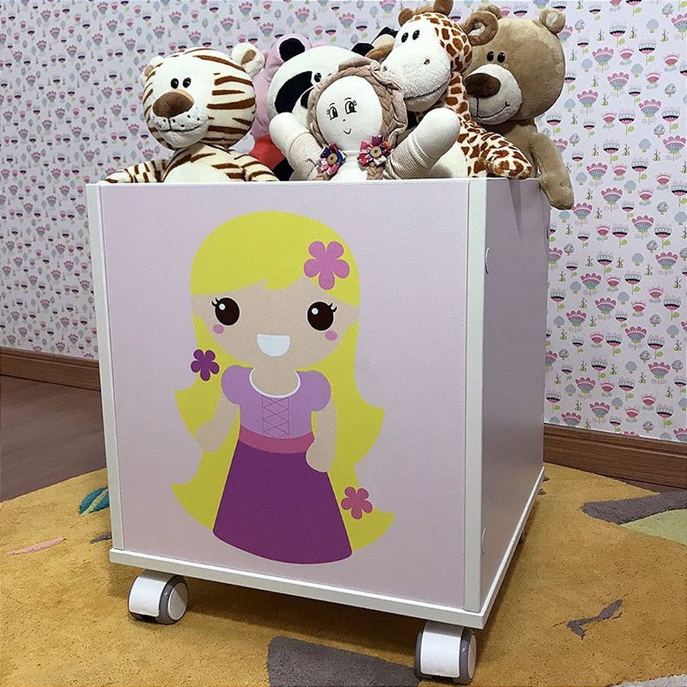 Baú infantil organizador de brinquedos com rodizio tema princesa rapunzel