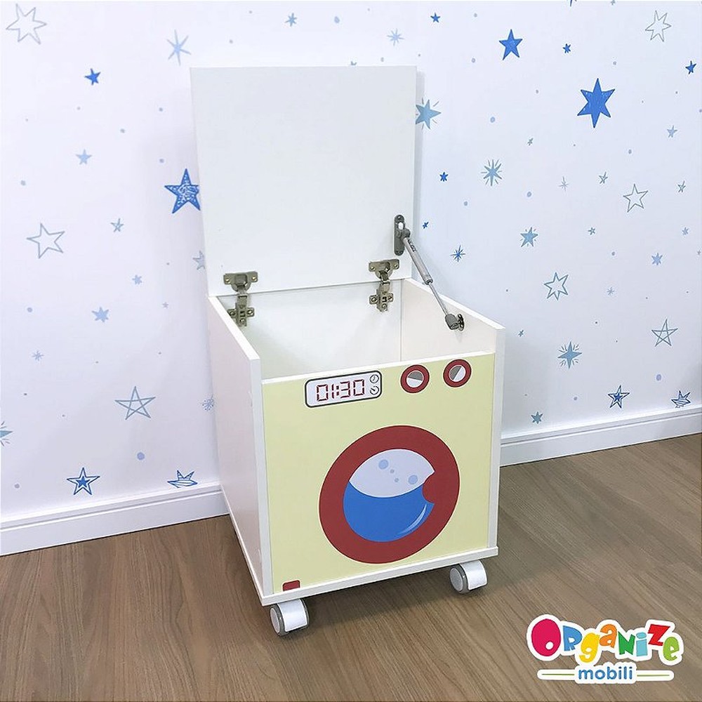 Baú para brinquedos com tampa e rodízio - tema frontal máquina de lavar infantil amarela