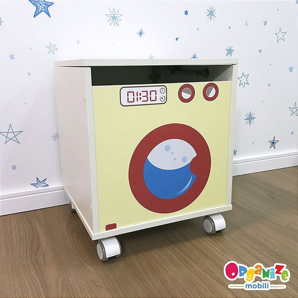 Baú para brinquedos com tampa e rodízio - tema frontal máquina de lavar infantil amarela