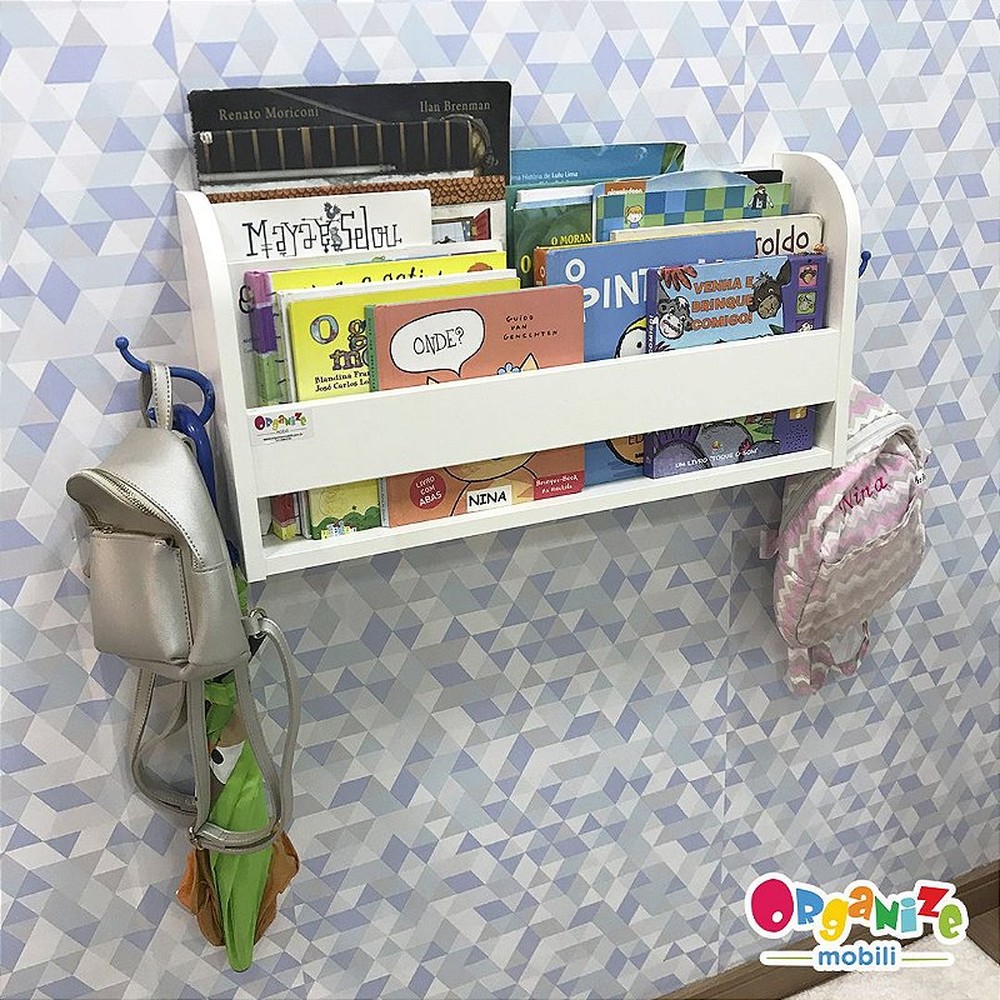 Organizador de livros infantil montessori de parede branco com 2 ganchos