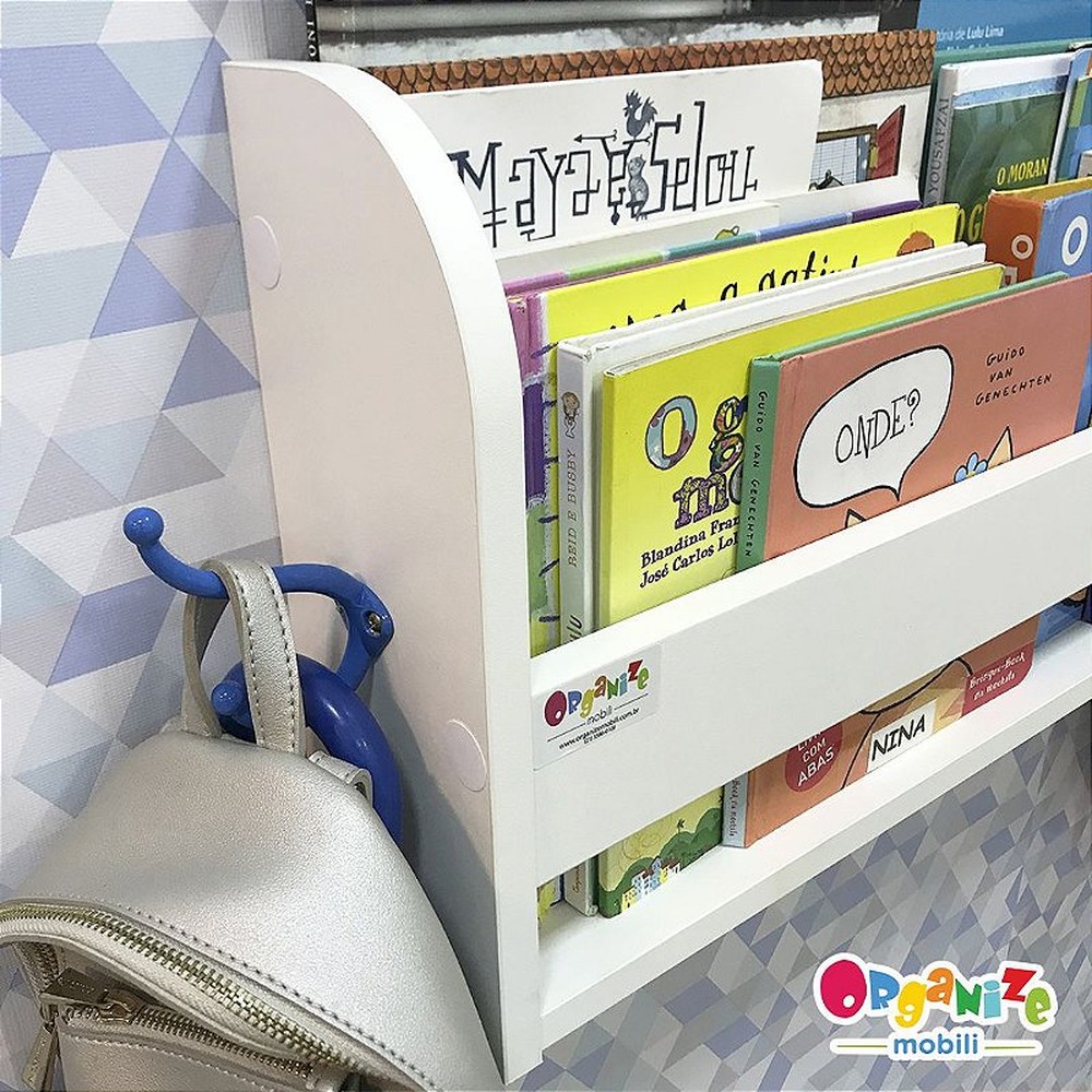 Organizador de livros infantil montessori de parede branco com 2 ganchos
