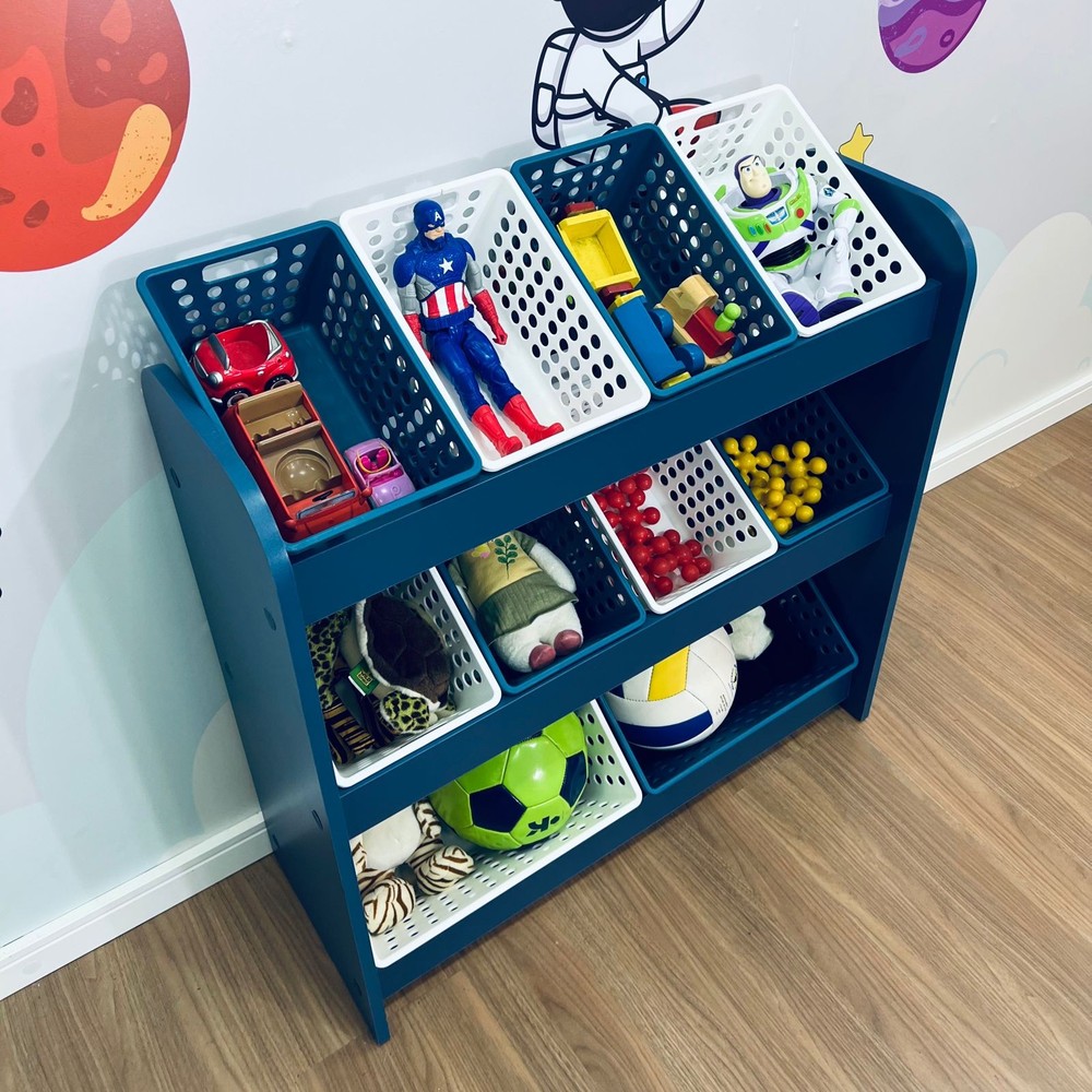 Organizador de Brinquedos azul com caixas inclinadas -  inclui 8 caixas pequenas e 2 caixas grandes