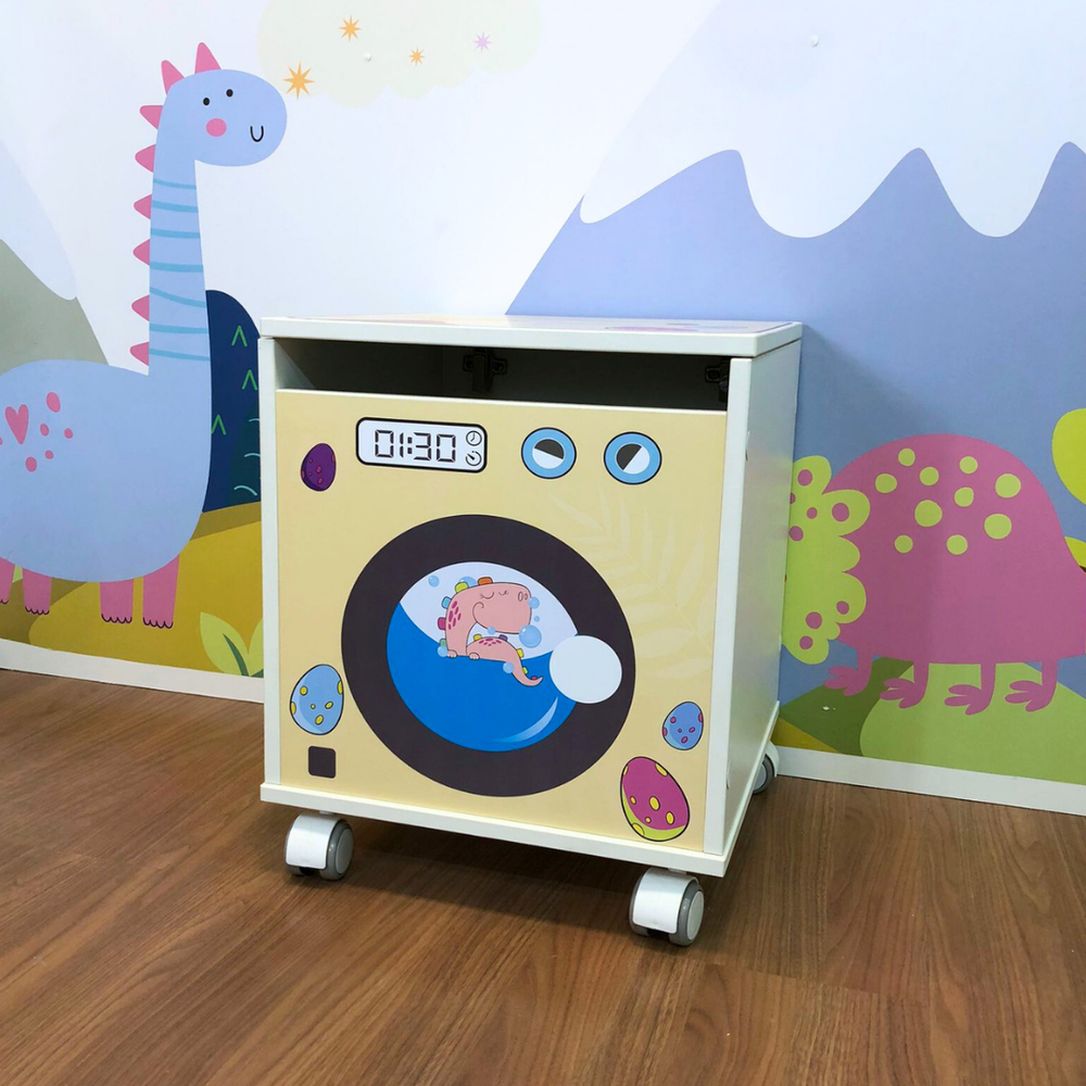 Baú para brinquedos com tampa e rodízio - mundo dino - máquina de lavar infantil