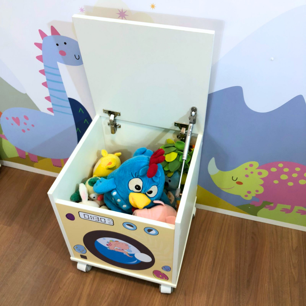 Baú para brinquedos com tampa e rodízio - mundo dino - máquina de lavar infantil