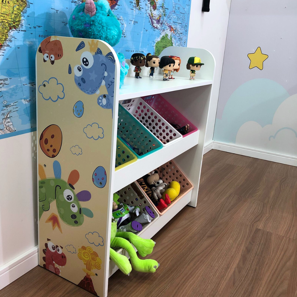 Organizador de brinquedos com uma prateleira tema Mundo Dino - inclui 6 caixas