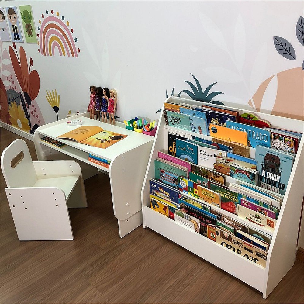 Kit mesa infantil grande com cadeira mais organizador de livros grande