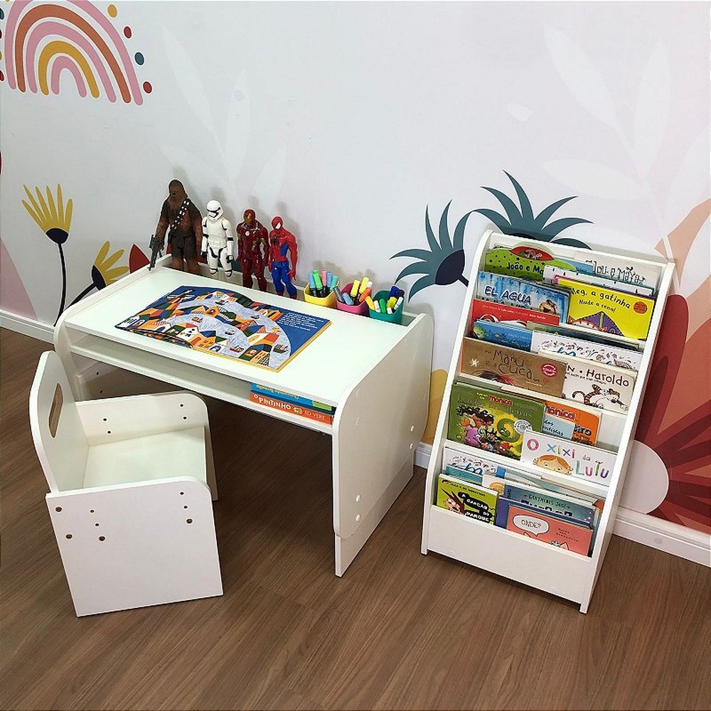 Kit mesa infantil grande com cadeira mais organizador de livros compacto
