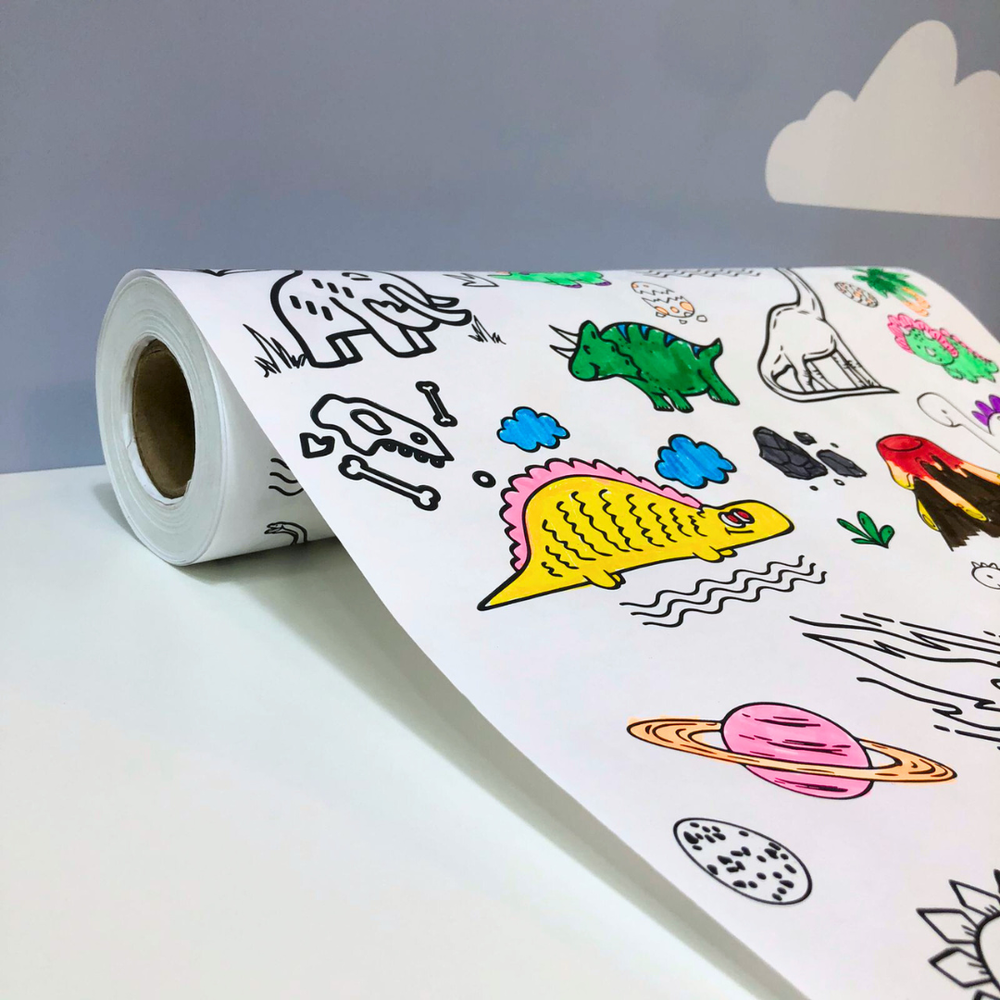 Kit bobina de papel para colorir  dinossauro + canetinha gatos galácticos 